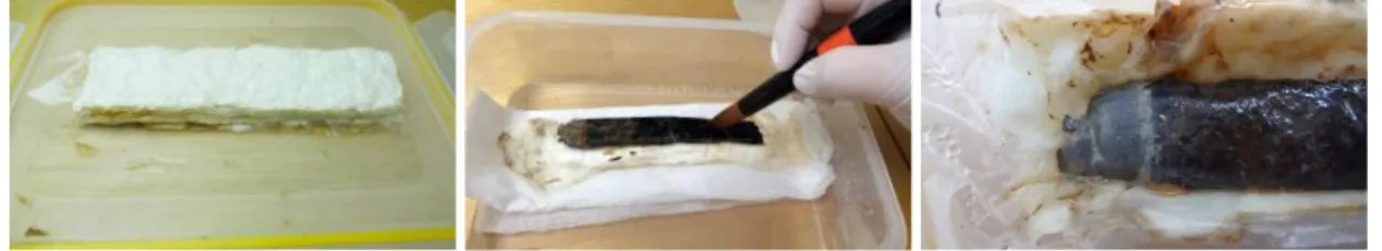 Figure 15. Conservation of support (Left: support frame for the upper part, Center: soil removal from the upper part,  Right: exposed metal part at the bottom)