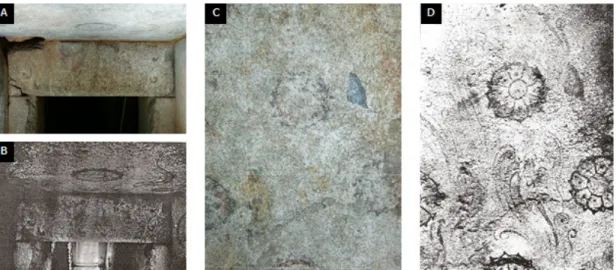 Figure 1. Comparison of past and present mural conservation state (A and C: present south and ceiling mural paintings  in 2008, B and D: past south and ceiling mural painting in 1920).