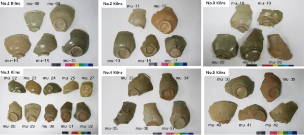 Figure 1. Selected sherds from the kiln site of Noksan dong.1. 서  론한반도에서 초기청자를 생산한 가마는 전축요와 토축요라는 두 가지 계열이 존재하는데 중서부지역을 중심으로 시작하여 10세기 2/4분기경 전축요가 축조되기 시작하나 10세기 말에서 11세기 초반경 요업중심지역이 서남부지역으로 서서히 이동하면서 전축요가 사라지고 토축요로 바뀌어 갔으며 그 이후에는 토축요 중심으로 청자가 생산되었다(Chang,