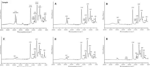 Figure 4. FT-IR spectrum of artifact and samples (A: EA B: EB, C: PA, D: PB, E: CA).