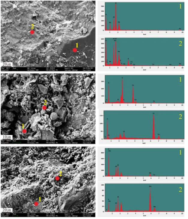 Figure 4. Location(left) and results(right) of SEM-EDS Analysis. (A) BGY-01, (B) BGR-11, (C) BGB-07.