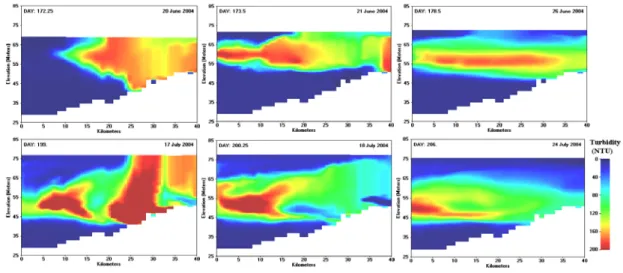 Fig.  8.  Simulated  Density  Flow  Regimes  of  Turbidity  Plume  Induced  during  First  (upper)                                and  Second  (lower)  Flood  Events  in  2004