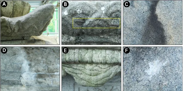 Figure 2. Representative surface contaminants on rock properties of the Stupa. (A) Mortar restoration part