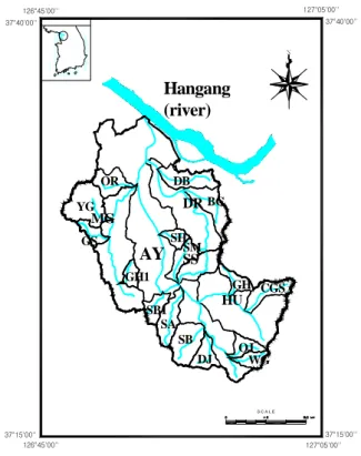 Fig.  3.  Sub-watersheds  Map  of  the  Anyangcheon 4.1  가중치  결정 PFD,  PSD,  PWQD를  산정하기  위해서는  각각의  인 자에  대한  가중치  및  지속가능성  모형의  구성요소인  압 력-상태-반응에  대한  가중치를  산정해야  한다