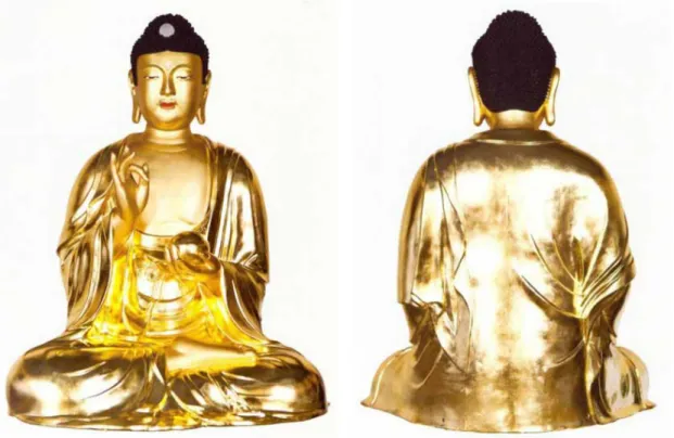 Figure 1. Gilt-bronze Seated Bhaisajyaguru(Medicine Buddha) Statue of Janggoksa Temple(Left) Front, (Right) Back