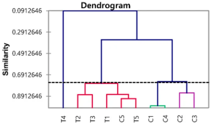 Fig.  6.  Dendrogram.  Dendrogram  represents  for  hierarchical  clustering.  The  connecting  lines  were  drawn  according  to  their respective similarities
