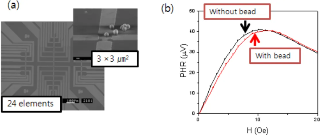Fig.  5 (a)  SEM  photography  of  PHR  array  sensor  with  24  elements  and  single  bead  on  3×3 μm 2   PHR  element  (b)  PHR  signal  with  applied  magnetic  field  with  single  bead  and  without  bead