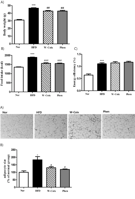 Fig.  1.  Effect  of  W-Coix  on  body  weight  in  high  fat  induced  obese  mice. (A) Body weight