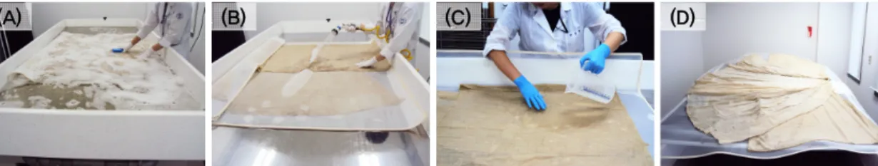 Figure 10. Procedures of wet cleaning Jangsam. (A) Dipping, (B) Rincing, (C) Rince with de-ionized water, (D) Drying.