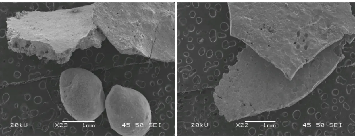 Figure 15. SEM Image of Spheroidal and flake hammerscale(left) and thin hammerscale(right).