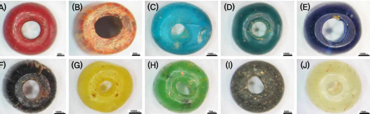 Figure 1. Images of optical microscope of the glass beads. (A) Reddish Brown, (B) Orange, (C) greenish Blue, (D) Bluish  Green, (E) Purplish Blue, (F) Purple, (G) Yellow, (H) Green, (I) Black, (J) Colorless
