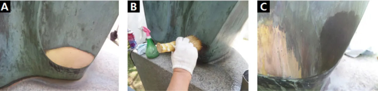 Figure 6. Patination test. (A) After polishing the surface, (B) The patination process, (C) After the coating process.