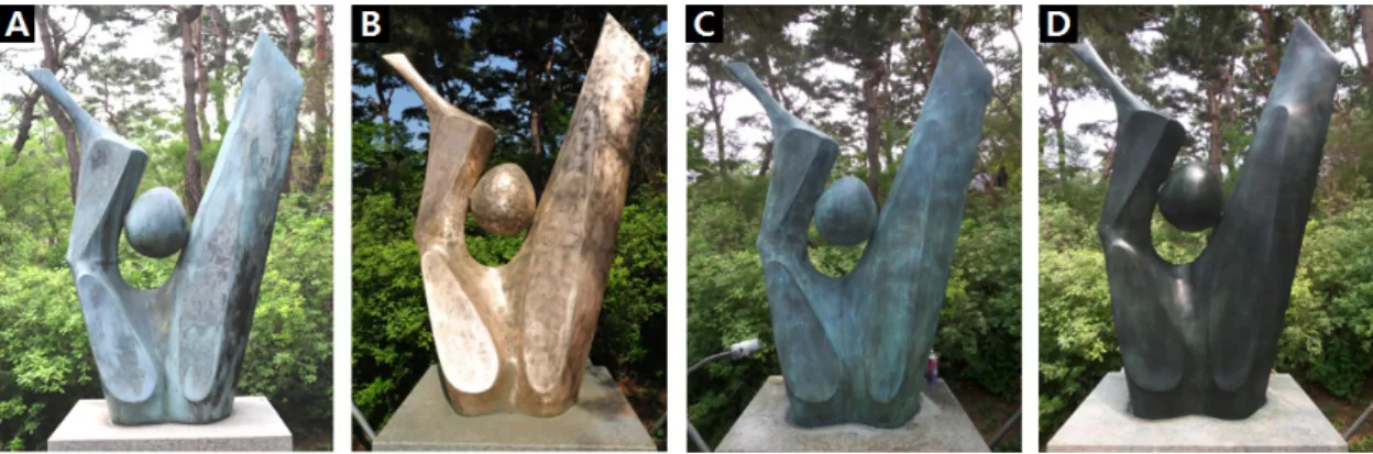 Figure 8. Compared before and after conservation treatment. (A) Before, (B) After polishing the surface, (C) After the  patination process, (D) After.