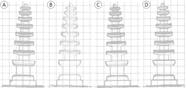 Figure 4. Images by 3D scanning of the pagoda before disassembly process. Views of south (A), west (B), north (C),  and east (D), respectively.