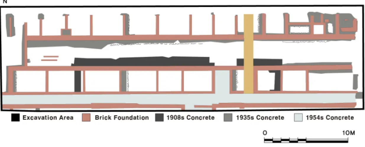 Figure 3. Floor plan of concrete foundations for East 1 affiliated ward in Daehan Uiwon.지에 대한 조사의 필요성이 제기되어 2회에 걸친 정밀발굴조사가 수행되었다
