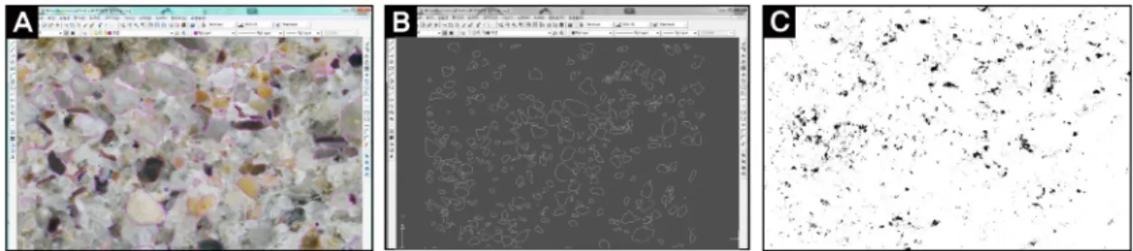 Figure 8. Estimation procedure of mixing proportions for concrete samples. (A) Auto CAD raster image, (B) Auto CAD  drawing, (C) Area calculation using monochrome image.