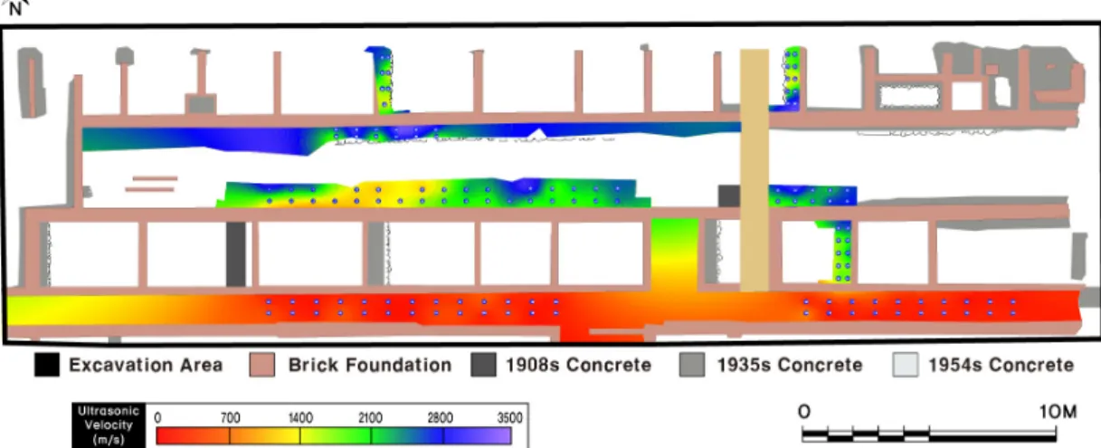 Figure 10. 2D contour map using ultrasonic velocity of concrete foundations for East 1 affiliated ward in Daehan Uiwon.