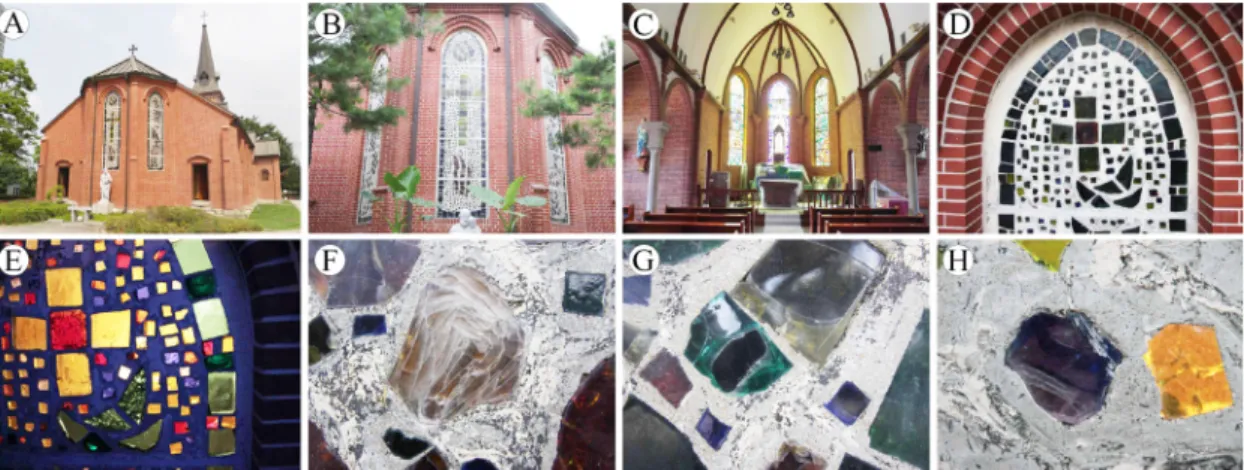 Figure 1. Current state of the Yakhyeon catholic church. (A) The whole view of the church, (B) Left, middle and right  side of stained glass window, (C) Inside view of church, (D, E) Stained glass of upper right window, (F, G) Various crack  in stained gla