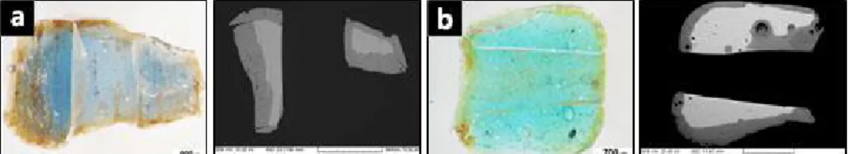 Figure 2. Cross-section images of optical microscope and SEM on the hydrated potash glass beads; (a) tj-30, (b) yd-15