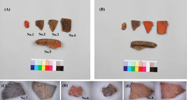 Figure 2. Fragment for analysis. (A) Inner and (B) Outer layer of Pottery wares(No. 1～No