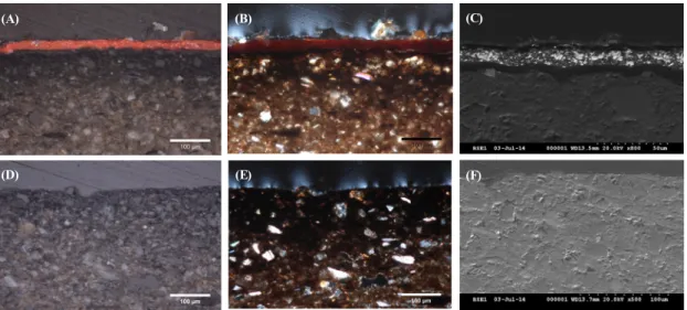 Figure 6. Cross section of No. 6(Pottery plate).(A) Transmitted photo, (B) Polarized photo, (C) Back scattered elec- elec-tron(BSE) image of inner layer