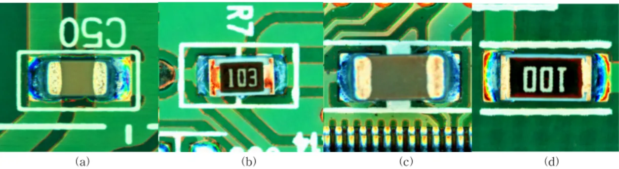 Fig. 3. Examples of 2012 and 3216 sized components. (a) C-CHIP_2012Size, (b) R-CHIP_2012Size, (c) C-CHIP_ 