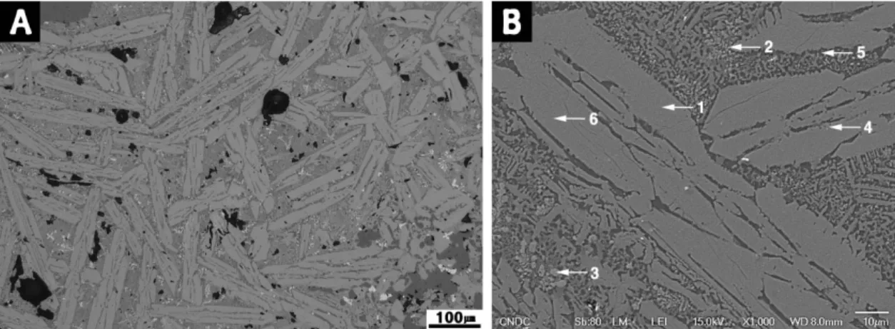 Figure 3. Microstructure of No .1 slag. (A) Image of metallurgical microscope. (B) SEM image and points of EDS analysis.