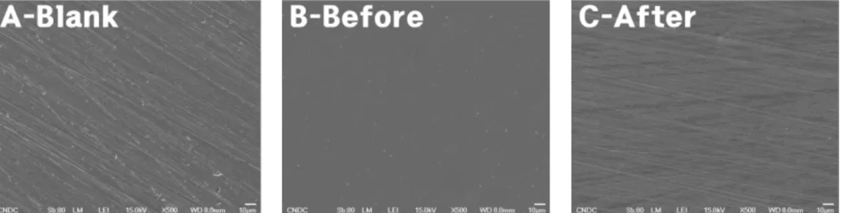 Figure 7. SEM image on the surface of bronze coupons with oil paint before and after cleaning.
