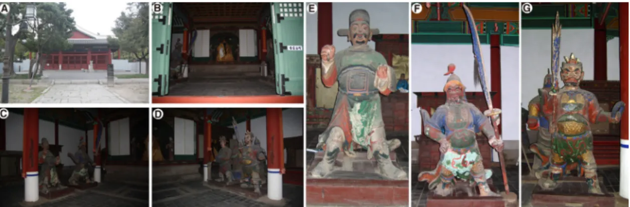 Figure 1. The present condition of the Donggwanwangmyo Shrine. (A) General view of the front, (B) Inside view of the  main hall, (C) Clay Statues of the left side, (D) Clay Statues of the right side, (E) Woojanggun Clay Statue, (F) Jangbi Clay  Statue, (G)