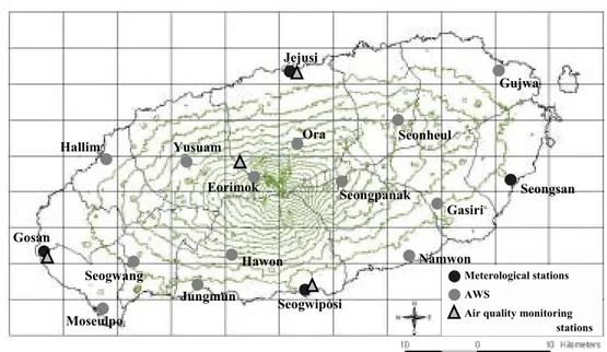 Fig.  3.  Location  of  meterological  observation  stations  and  air  quality  monitoring  stations