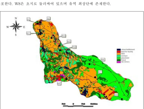 Fig.  4.  Type  of  the  land  use  for  Ongpo  stream  watershed.                                   (W  :  deep  well,  S  :  spring  water)
