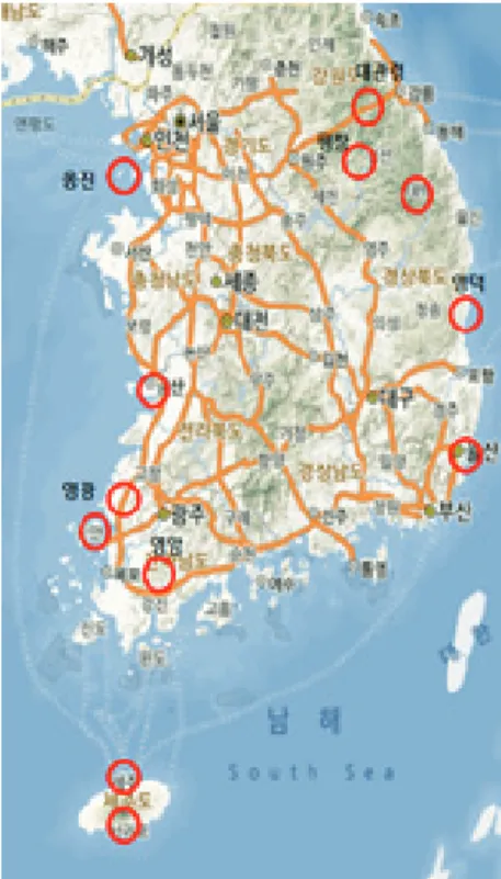 그림  23.  풍력타워  설계기본풍속  대상  지점 2.4 재해 및 재난에 대한 위험도 기법 개발 2.4.1  태풍-선박  출동  시뮬레이션을  통한  확률적  위험도  기법  개발 타워의 탄성과 소성을 고려한 해석을 수행하여 위험 도를 분석하였다
