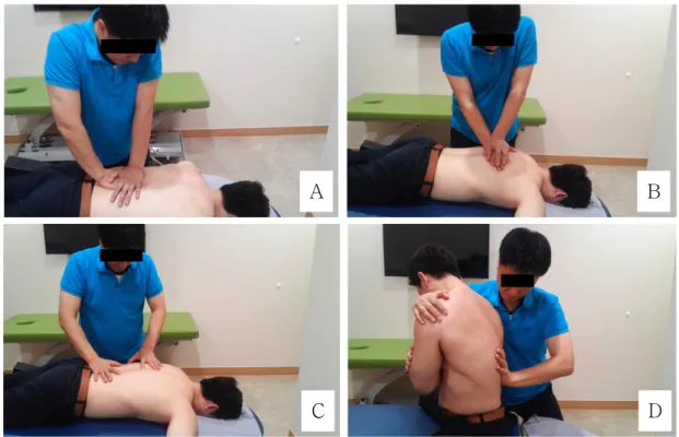Figure  2.  Thoracic mobility test (A: mobility test on transverse process, B: mobility test on spinous process, C: pain reactivity test, D: physiologic motion test and end-feel).