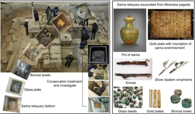 Figure 2. Sariras found in a process of disassembly, and the container and related relics.한 구조안전진단 결과 서탑 해체가 결정되고 2001년부터 해체를 실시하여 9년이라는 시간이 흐른 시점이다