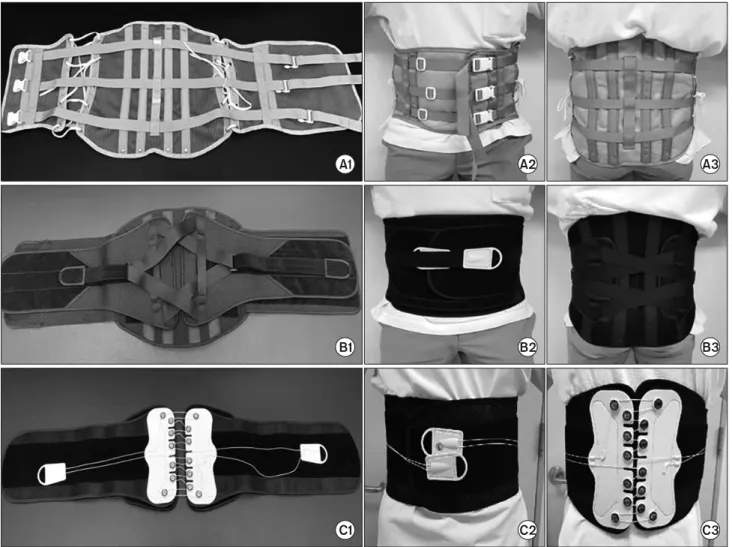 Fig. 1. Three semirigid LSO were tested and compared with each other. (A) Classic LSO, (B) V-LSO, (C) Cybertech Ⓡ , (A-2), (B-2),  (C-2) front view and (A-3), (B-3), (C-3) back view