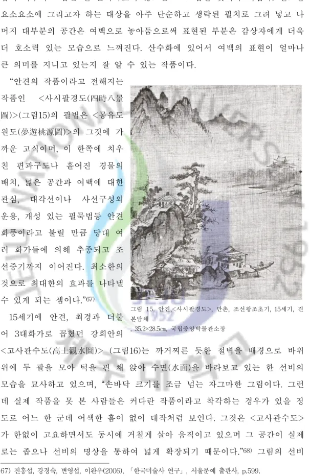 그림  15.  안견, <사시팔경도>,만촌,조선왕조초기,15세기,견 본담채 ,35 . 2 ×2 8. 5㎝,국립중앙박물관소장 잡이 어부의 모습은 잘 들여다보지 않으면 그 모습을 찾기가 어렵다.필요한요소요소에 그리고자 하는 대상을 아주 단순하고 생략된 필치로 그려 넣고 나머지 대부분의 공간은 여백으로 놓아둠으로써 표현된 부분은 감상자에게 더욱더 호소력 있는 모습으로 느껴진다.산수화에 있어서 여백의 표현이 얼마나큰 의미를 지니고 있는지 잘 알 수 있