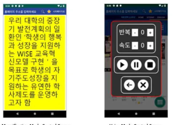 Fig. 6. Screenshot of Magnification and Audion Output  Function. 4.4 모드 재선택 및 취소 기능 모드 재선택 (back)은 이 전에 선택한 컨텍스트가  유지된 상태에서 선택이 수정 가능해야 한다 