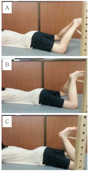 Figure  1.  Prone heel squeeze exercise performed with the different knee flexion angles (A: knee flexion 45°, B: