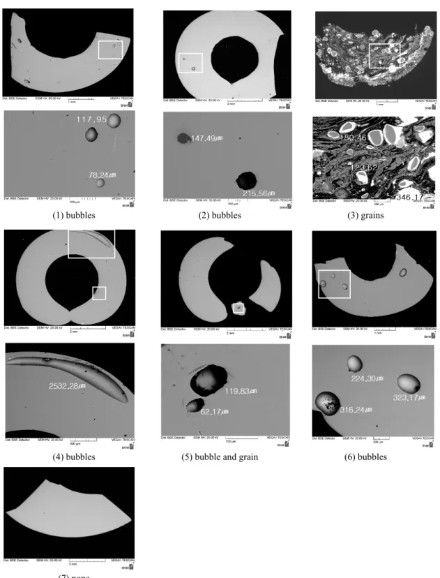Figure 2. Size of bubbles and grains on the back-scattered electron images of a section in the glasses