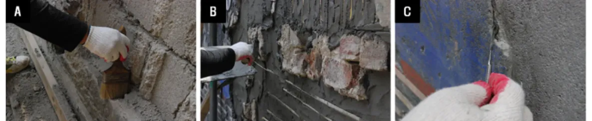 Figure 9. Before and after conservation of the floral wall.