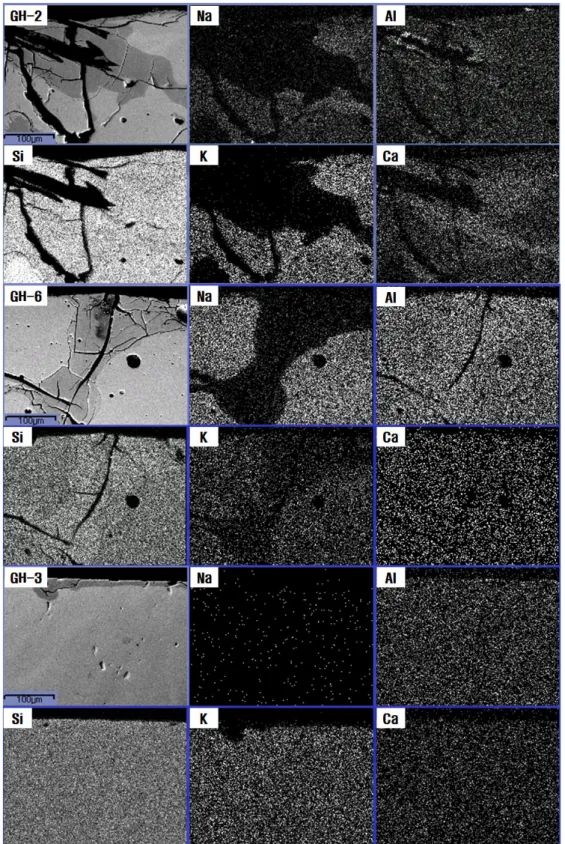 Figure 2 .  Elements map of GH2, GH-3 and GH-6 glass beads by SEM-EDS.