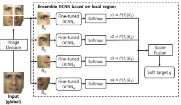 Fig.  3.  Local  region-based ensemble  DCNN  archi- archi-tecture and process of soft target generation.