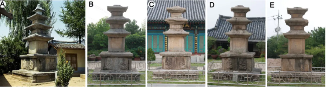 Figure 1. Field occurrence of the Sinwoldong three-storied stone pagoda. (A) The past image of the stone pagoda and general views of the eastern (B), western (C), southern (D) and northern sides (E)