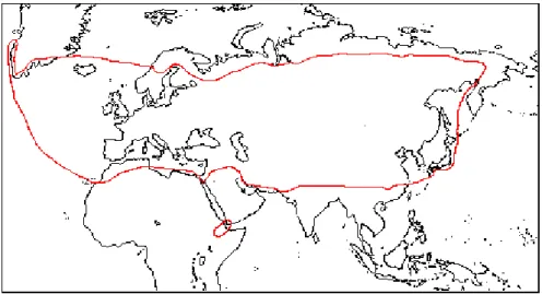 Figure 1. Distribution map of the genus Thymus.  Thymus  is distributed in the Old  World and on the coasts of Greenland, from the Macaronesian Region  (Canary Islands, Madeira and Azores), Northwest Africa north of the Sahara  Desert (Morocco, Algeria, Tu