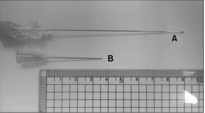 Fig.  1.  The  length  of  two  needles  used  in  this  study.  (A)  a  22-gauge  long  needle  (9  cm)  (B)  a  25-gauge  short  needle  (3.5  cm).
