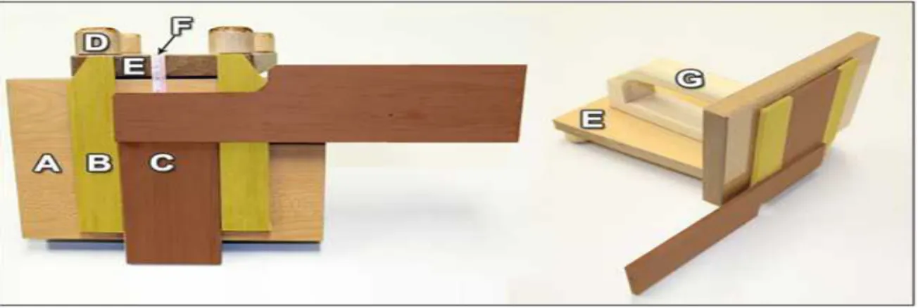 그림 1. Scapulometer의 구성; A: 안정판(stationary board), B: 가이드판(guide board), C: 이동판 (sliding board), D: 발(foot), E: 몸체(body), F: 줄자(ruler), G: 손잡이(grip handle).