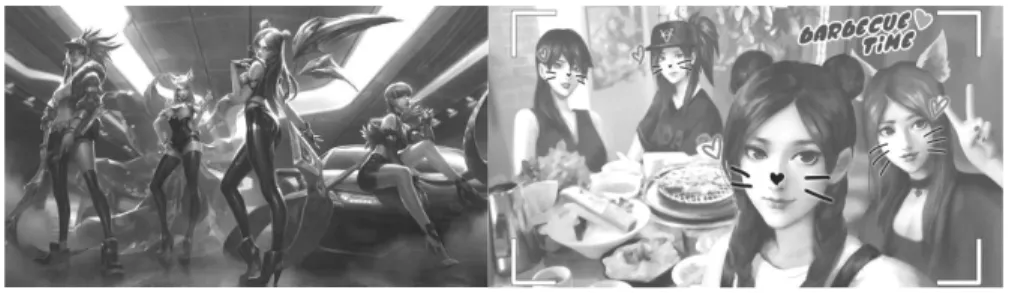 Fig. 5. A scene from K/DA ’s girl group music video (a), K/DA’s group celebration (b).