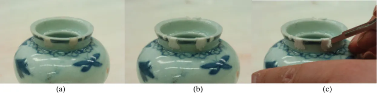 Figure 12. Elimination of epoxy restoration material in re-restoration process of the antic pottery