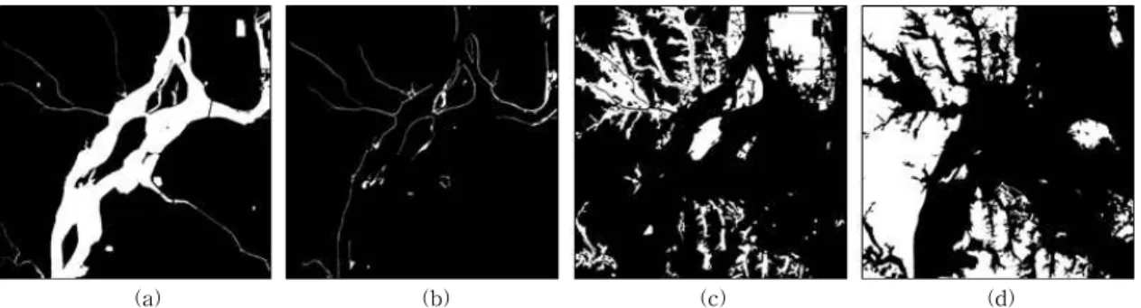 Fig. 8. Mask image creation results. (a) river, (b) marsh, (c) rice field, (d) forest.