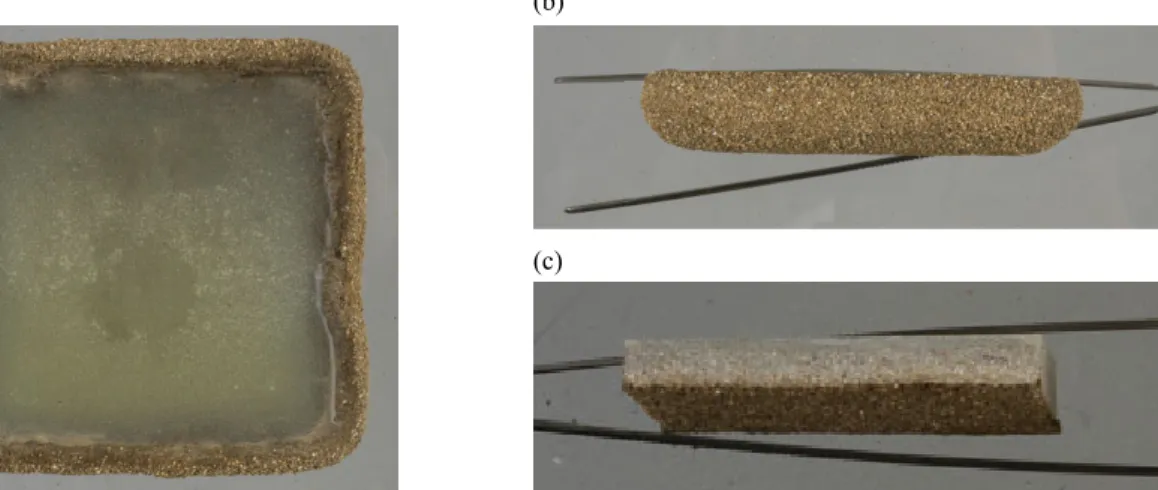 Figure 2. Final sample of SE101 and soil (≤1 mm) (a), a side view of final sample (b), cut down four side of final sample.